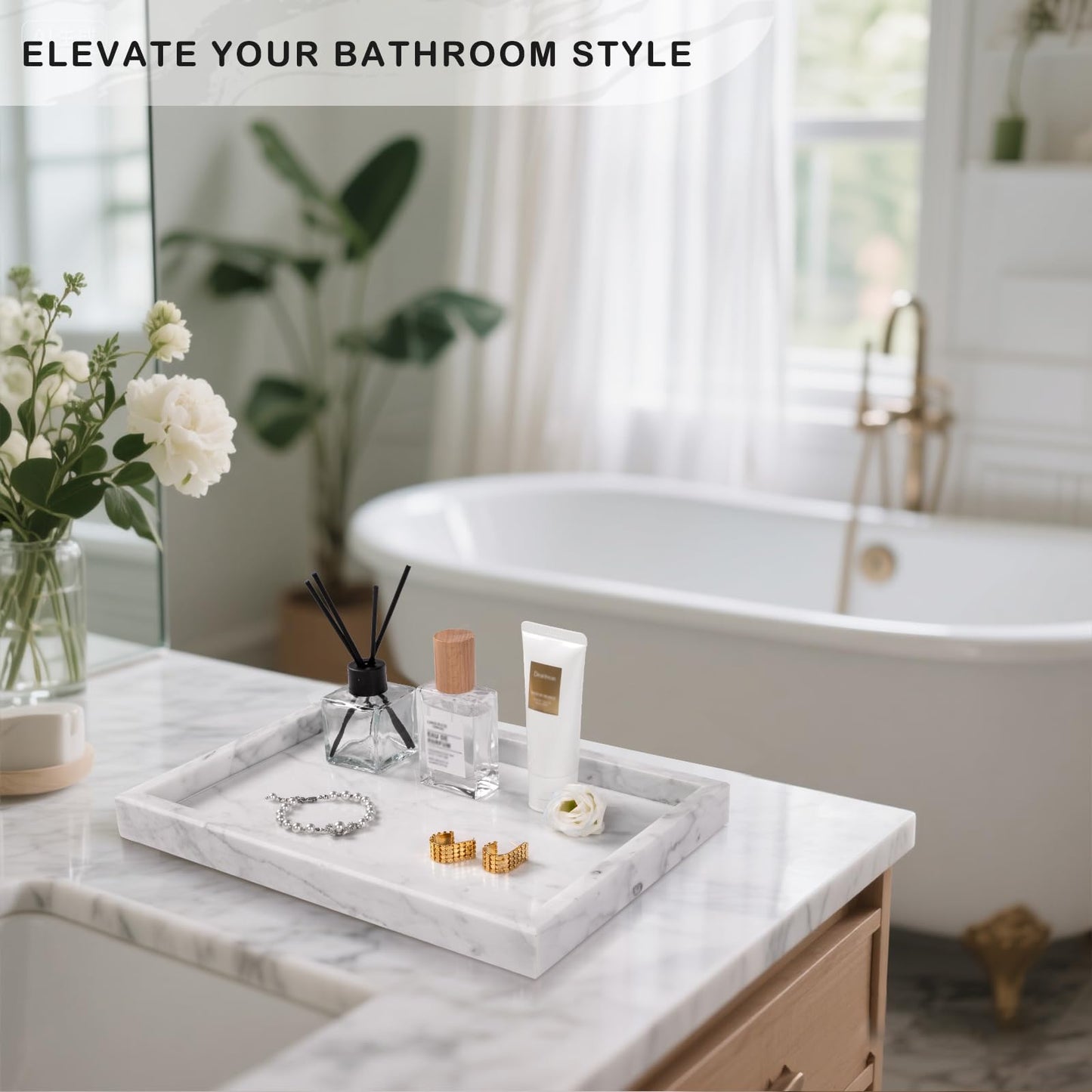 Homaura Marble Bathroom Tray for Countertop & Home Decor, Natural Decorative Marble Tray for Jewelry & Perfume Organizer, Luxury Stone Vanity Trays for Dresser, Kitchen Counter, 12" x 8", White