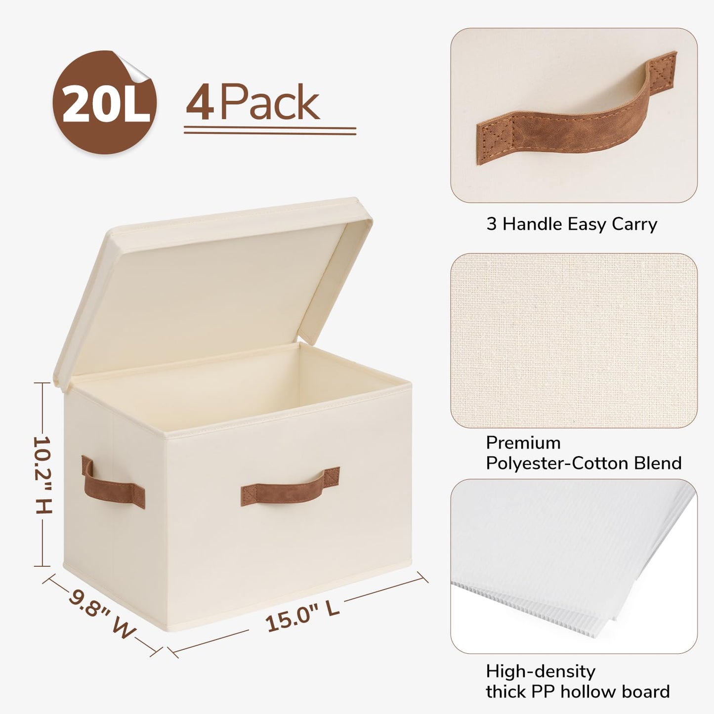 CHICVITA 4-Pack Closet Storage Organizer, Small Storage Bins with Lids, Closet Bins with Handles for Underbed, Ivory