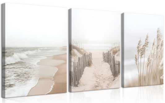 Framed Beach Canvas Wall Art Set of 3, Boho Coastal Nature Landscape Wall Decor Paintings, Ocean Beach Pampas Grass Artwork Prints Pictures for Living Room Bedroom Home Office 16x24 Inch