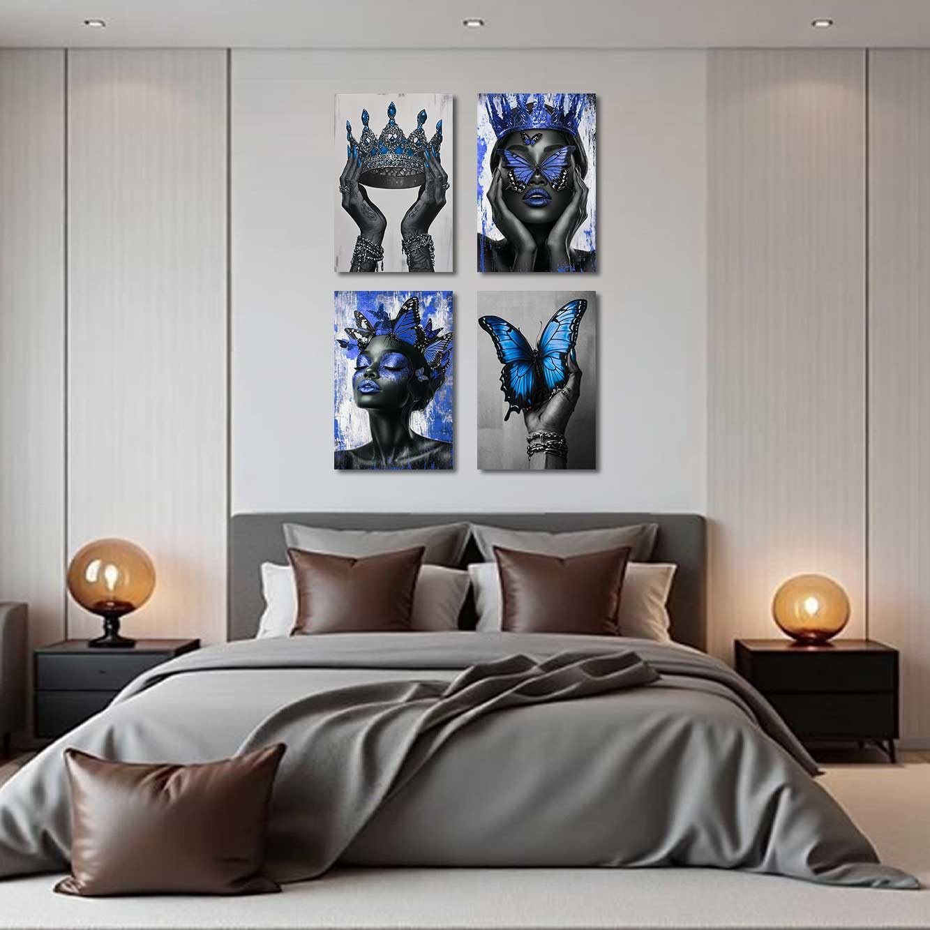 BJYCHG 4Pcs African American Canvas Wall Art Black Woman with Butterfly Painting Prints Black Queen Crown Poster Inspirational Pictures Fashion Girl Bedroom Room Decor (Blue, (8x12inx4 Pieces))