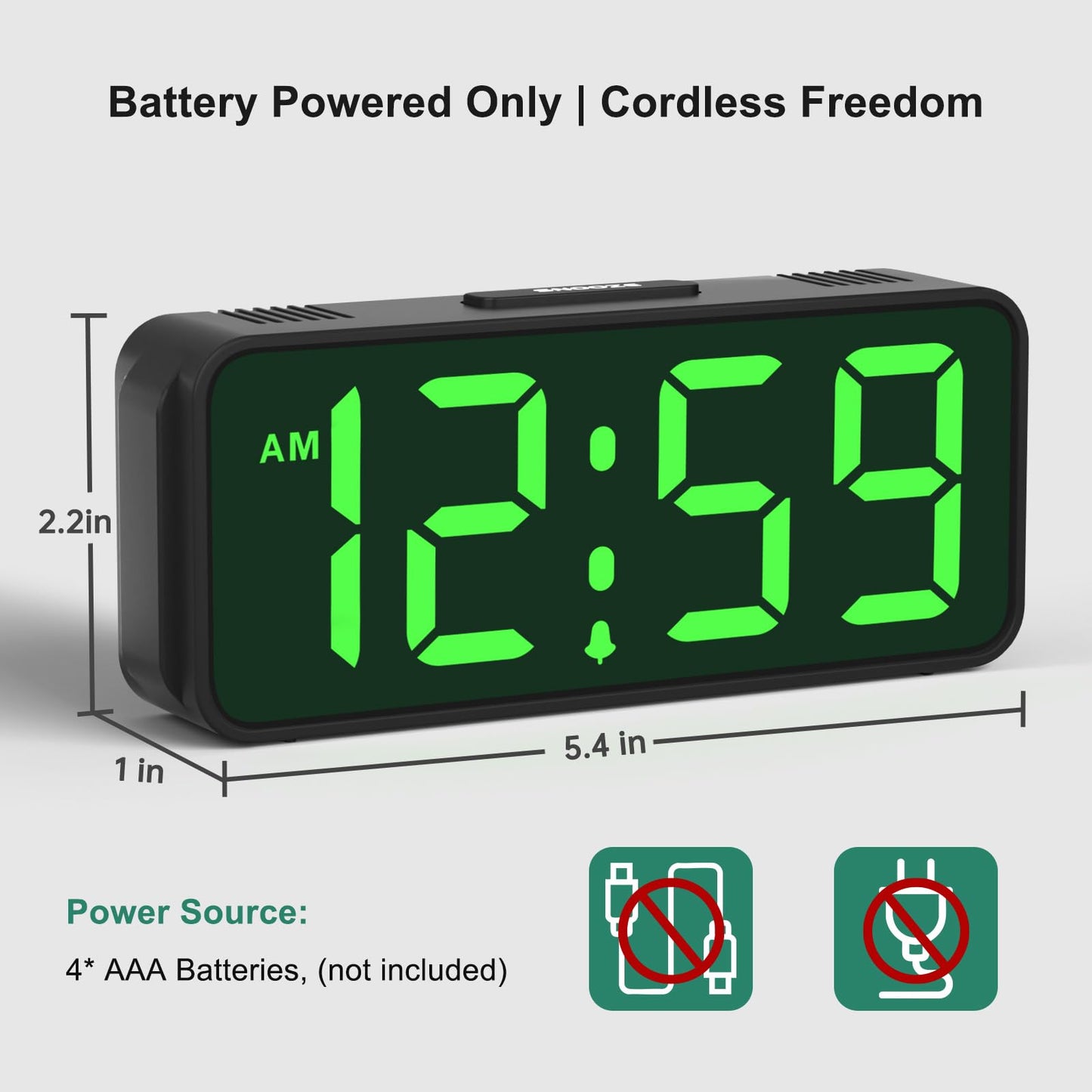 Peakeep Small Mini Battery Powered Digital Alarm Clocks for Bedrooms Bedside, Cordless Tiny Travel Portable Desk Clock, Large Numbers Auto Dimmable, LED Display 4 Dimmers, 5 Alarm Volumes