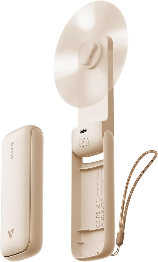 Aecooly Slim Portable Fan 2 Pack, Thin Handheld Fan, USB Rechargeable Mini Personal [24H Max Cooling Time], Battery Powered Small Foldable Pocket for Travel, Summer, Gifts for Women -Beige