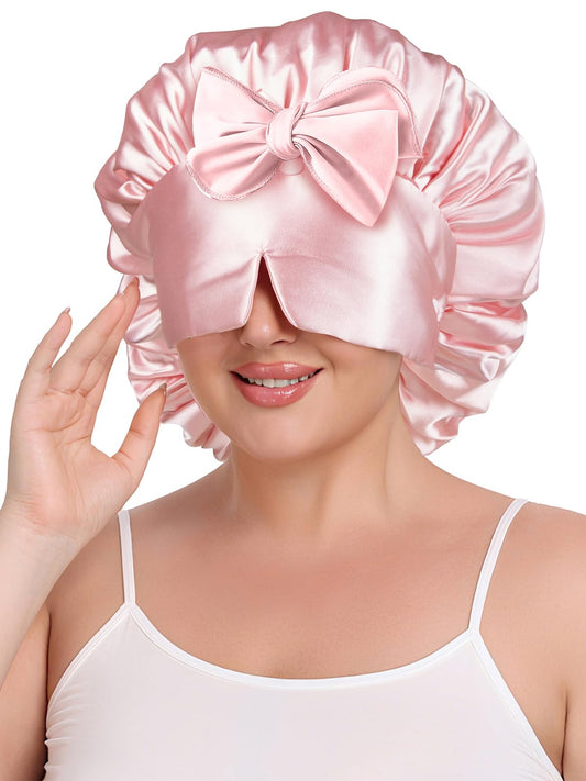 Vettres Double Layer Satin Bonnet for Sleeping with Detachable Eye Mask Adjustable Night Cap for Curly, Natural, Braided Hair Reduces Frizz & Locks in Moisture Yellow Strawberry