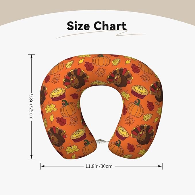 Neck Pillow Memory Foam Travel Pillows Comfortable for Airplane Flight Car Travel Office Nap and Sleeping, Funny Cushion for Head Shoulder Orange Pumpkin Color Thanksgiving Turkey