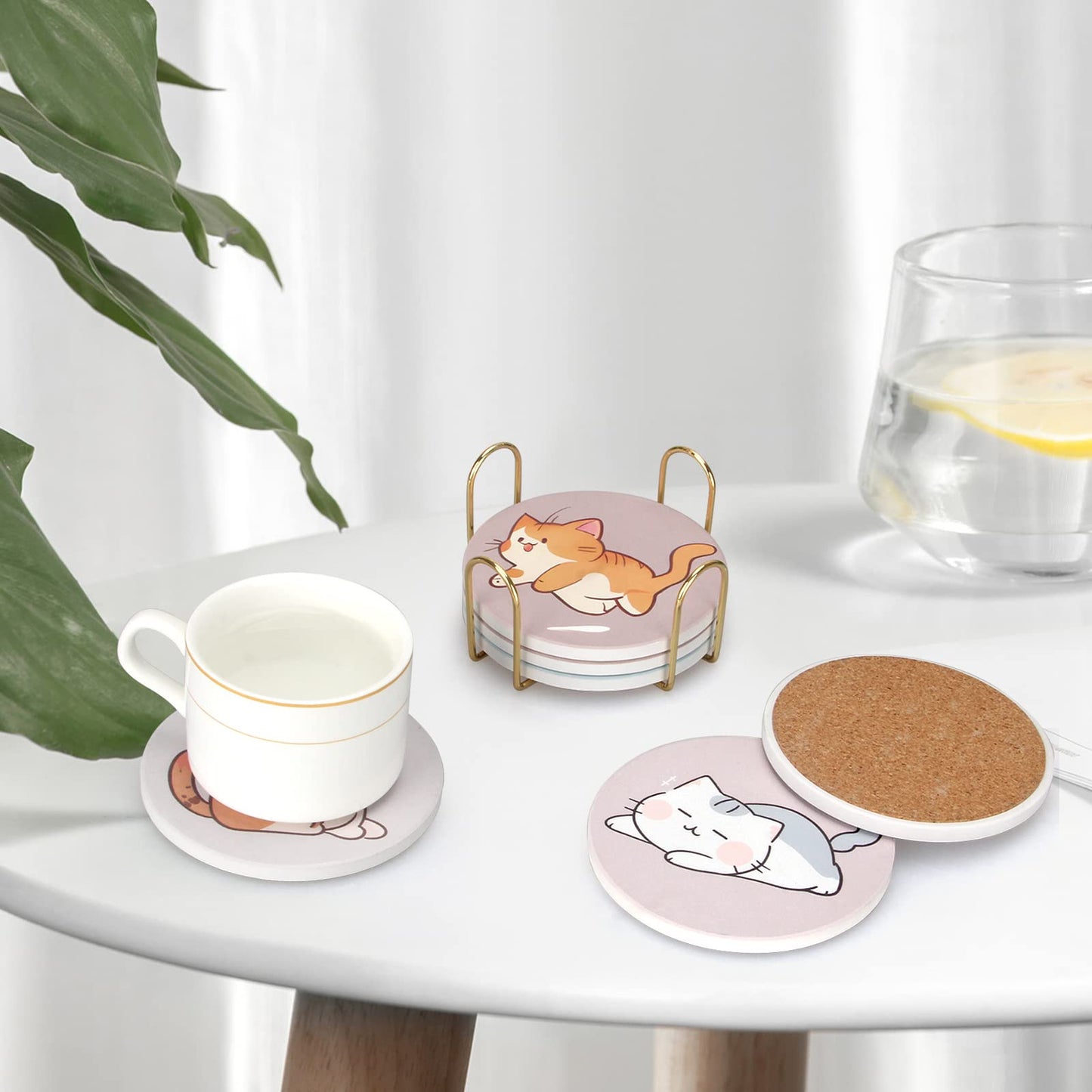 Cute Coaster Set of 6 Cat Lover Gift for Coffee Table Ceramic Coasters with Holder Drink Coaster Unique Cat Themed Gifts Kawaii Anime Decor Office Desk Beverage Coster Funny Cool Bar Cup Coasters