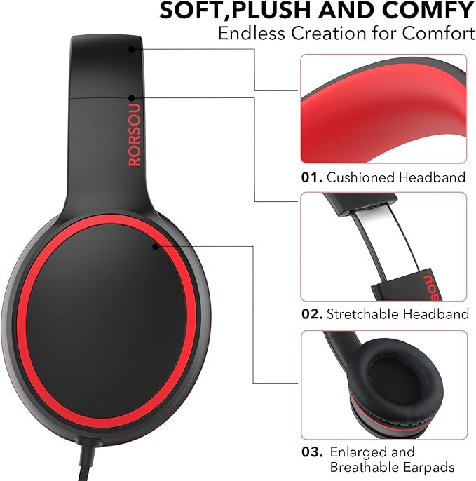 RORSOU R10 Over-Ear Headphones with Microphone, Lightweight Folding Stereo Bass Headset with 1.5M No-Tangle Cord, Portable Wired Headphones for Smartphone Tablet Computer MP3 / 4 (Black)