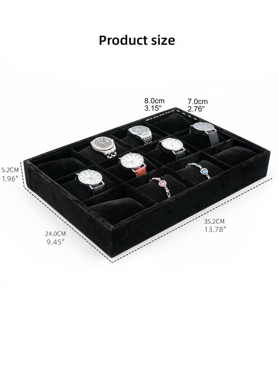 XHMQYC Jewelry Watch Tray, Black Velvet Watch Jewelry Organizer 12 Grid, Stackable Watch Bracelet Bangle Display Holder, Adjustable Pillows, for Man Woman Show Birthday