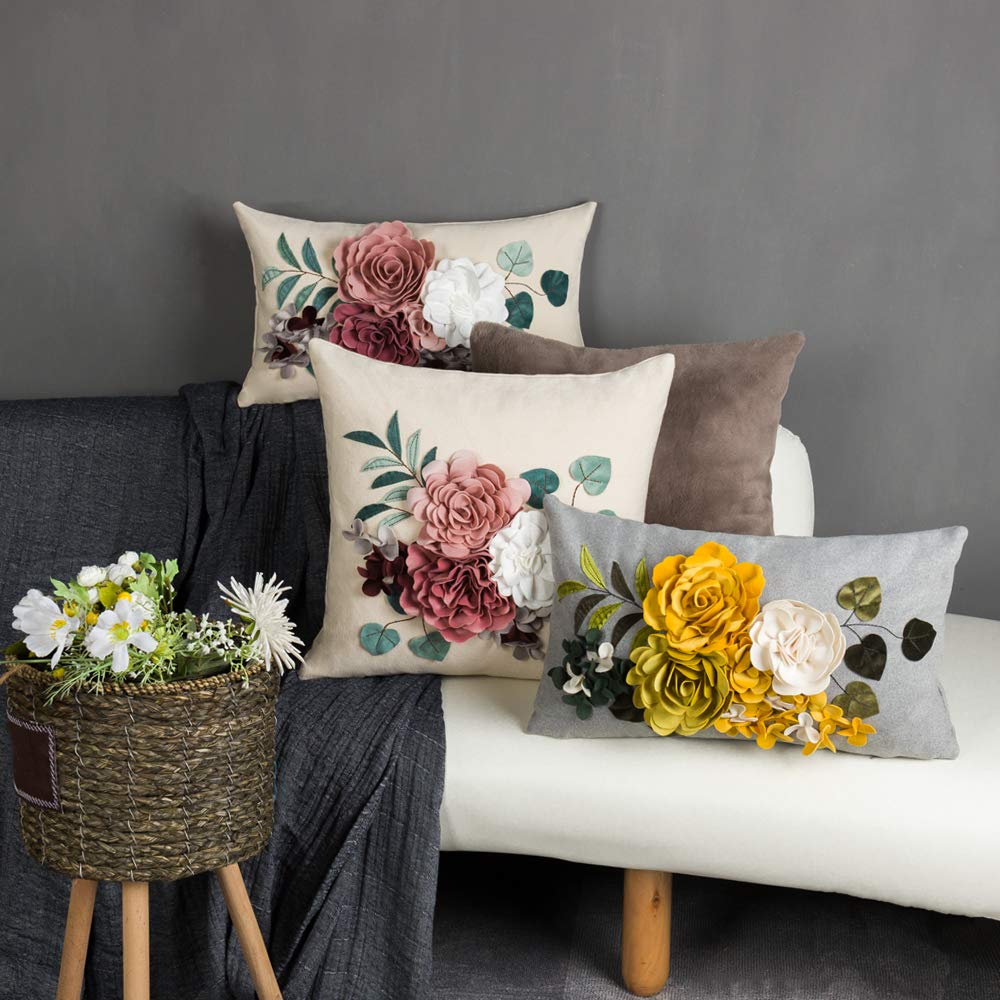 JWH Decorative 3D Flower Throw Pillow Cover Handmade Floral Accent Cushion Case for Living Room Sofa Couch Chair 12x20 Inch Beige Blush