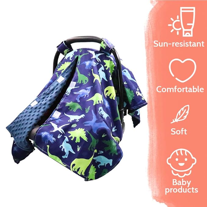 TANOFAR Car Seat Cover Baby, Carseat Covers Baby Boy Girl, Peekaboo Opening Infant Car Seat Cover for Winter, Warm & Cozy, Blue Dinosaur