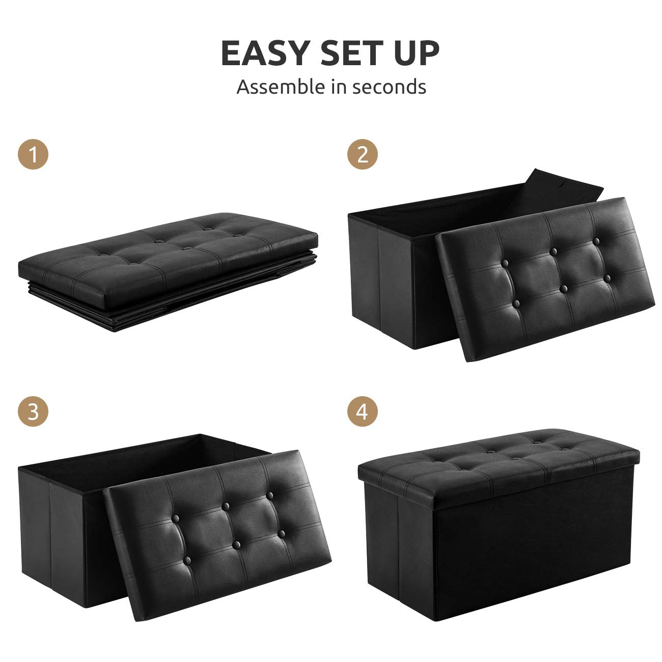 YOUDENOVA Folding Storage Ottoman, Faux Leather Ottoman Bench Footrest Ottoman, Storage Chest Padded Seat for Bedroom and Living Room, Black, 15" D x 30" W x 15" H