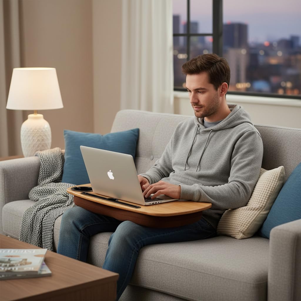 SANJIMO Lap Desk for Laptop with Cushion-Fits up to 18 inch, Bamboo Computer Laptop Stand with Phone Hoder, Cup Holder, Anti-Slip Stopper