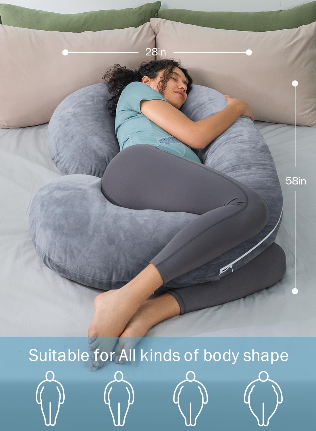 INSEN Pregnancy Pillow for Sleeping, Maternity Pillow with Jersey Cotton Cover,C Shaped Body Pillow for Pregnant (Gray)