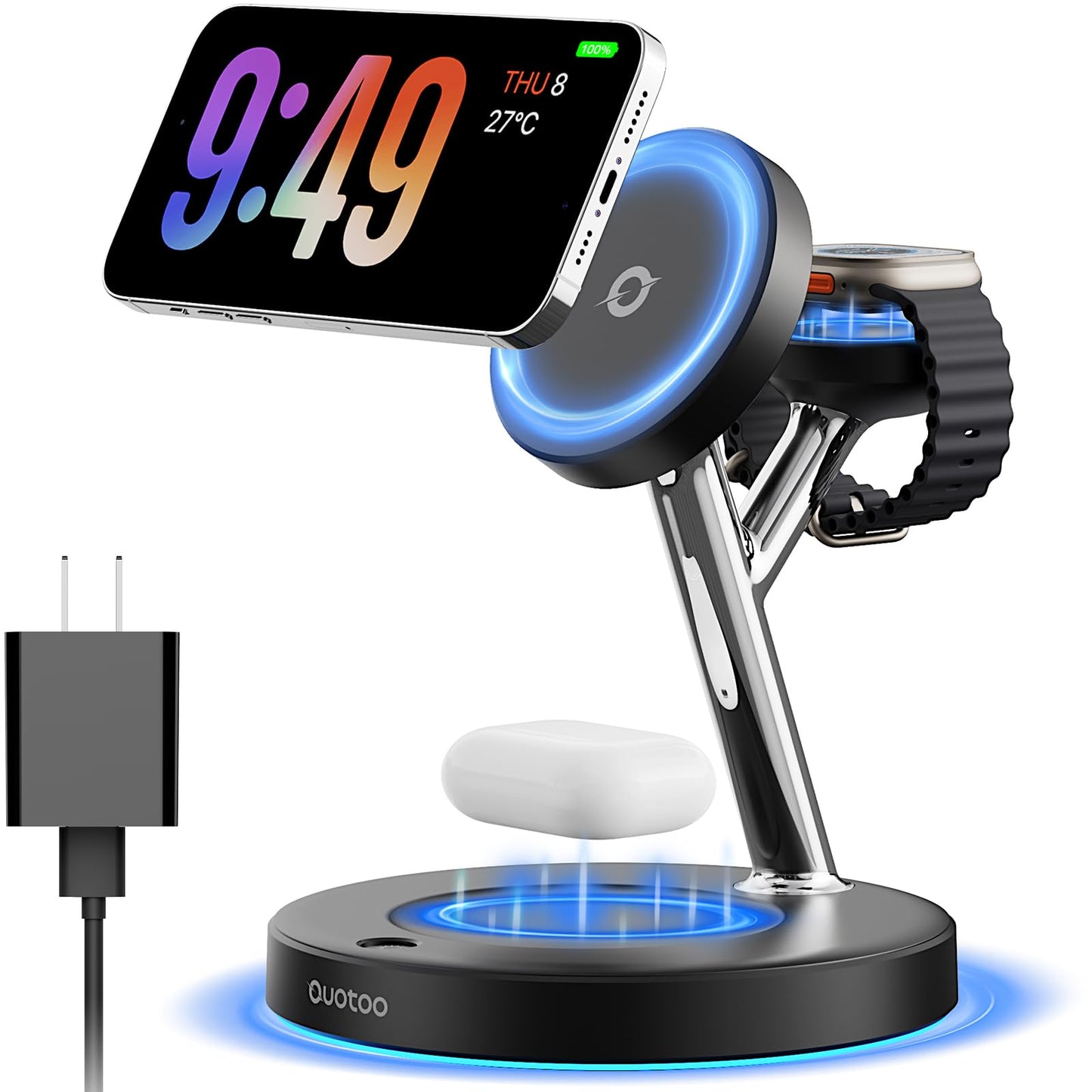 Wireless Charger 3 in 1 for iPhone, Magnetic Charging Station for Apple Family with Adjustable Blue Ambient Light, 15W Fast MagSafe Charger Stand,for iPhone17-12-iWatch AirPods Series