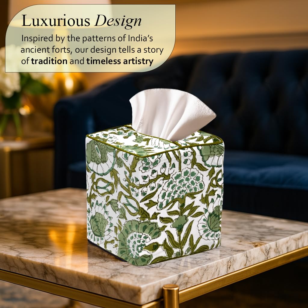 CPC Agate Green Hand Block Printed Cotton Tissue Box Cover 5" x 5" x 5.5" Square Soft Reusable Boho Napkin Holder for Home Kitchen Dining Bathroom Office Cafe Spa, Gift for Spring, Mother's Day