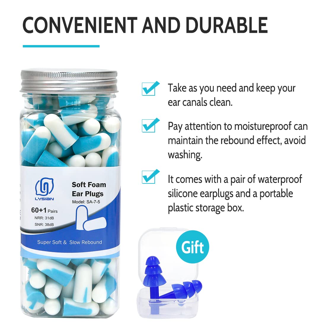 LYSIAN Ultra Soft Noise Cancelling Earplugs for Sleep, Disposable Foam Ear Plugs for Sleeping, Snoring, Shooting, Deep Focus & All Loud Sound - 60 Pairs|SNR 38dB Noise Reduction|Hearing Protection