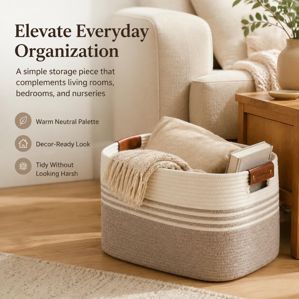 Cotton Rope Laundry Basket Medium, 15.4GAL Collapsible Woven Storage Baskets for Living Room Kids Toys Stuffed Animal,Boho Rectangular Decorative Short Hamper for Dirty Clothes, Blankets White Brown