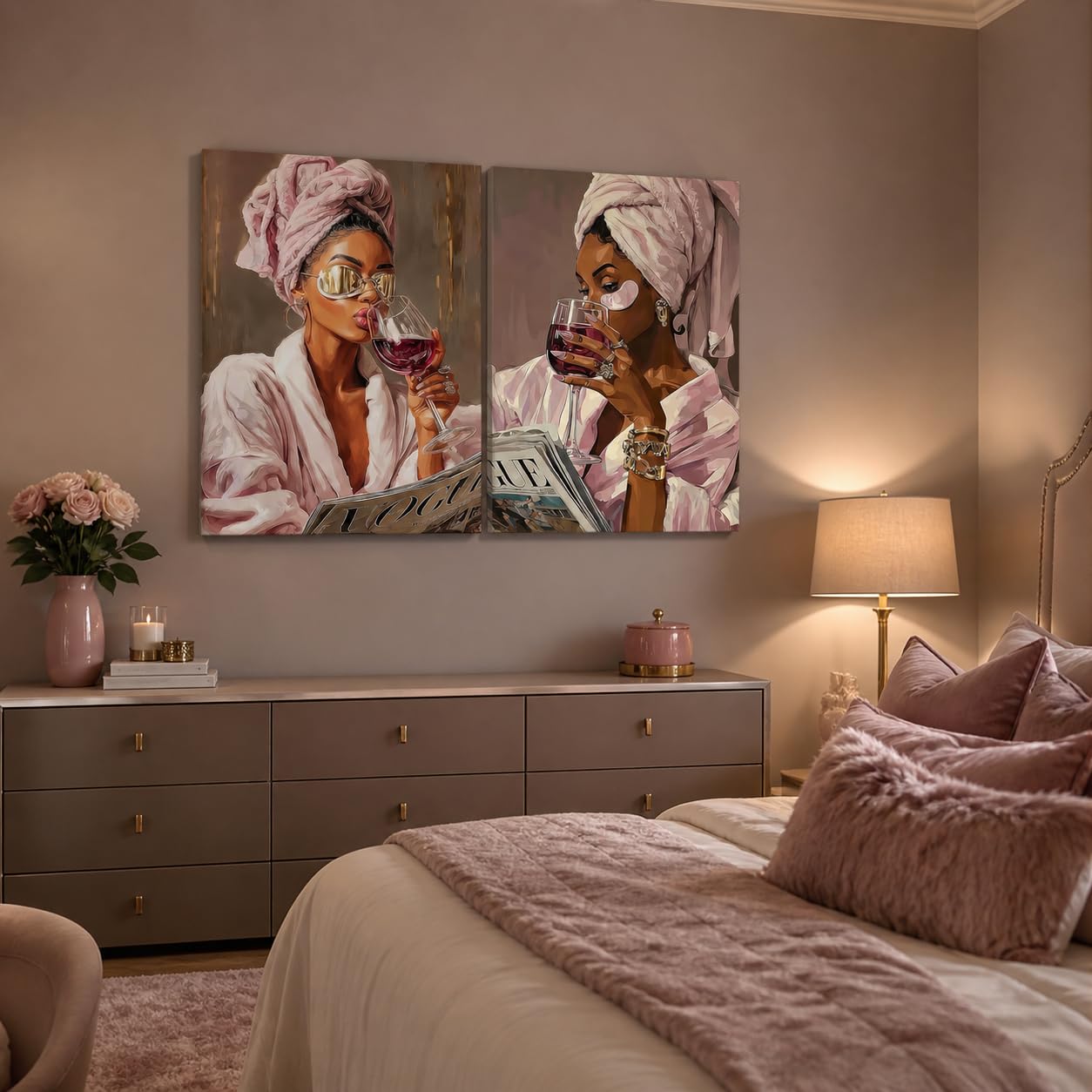 Pink Bathroom Wall Art Set Of 2 Framed Canvas Prints Glam Fashion Bathroom Decor Black Woman Spa Vanity Wall Art Pink Brown Self Care Pictures For Bedroom Beauty Room 16x24 Inch