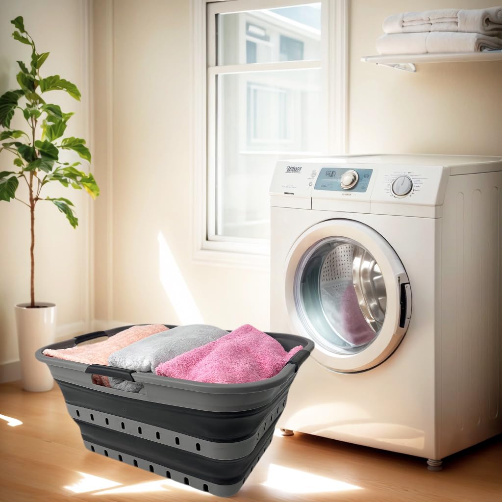 SAMMART 42 (11 Gallons) Collapsible Plastic Laundry Basket, Foldable Pop Up Storage Container/Organizer, Space Saving Hamper, Portable Bin for Dorm Room Bathroom (2, Grey/Black)