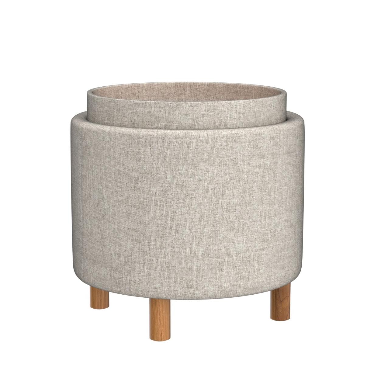 Giantex Round Storage Ottoman with Tray Lid, Accent Storage Footstool w/Soft Padding, Fabric Sitting Stool w/Solid Wood Legs & Non-Slip Pads, Tray Top Coffee Table for Living Room, Bedroom (Beige)
