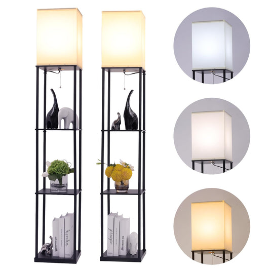 Gupuzm Floor Lamp with Shelves, Modern Square Standing Lamp with 3 Color Temperature Bulb, Corner Display Bookshelf Lamp for Living Room, Bedroom and Office (Black-2 Pack)