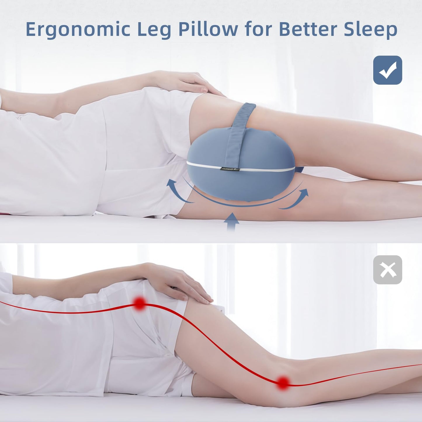 Ruizman Knee Pillow for Side Sleepers - Cooling Pillow Between Legs for Side Sleeping - Memory Foam Knee Pillow with Strap for Hip Pain & Spine Alignment (Blue)