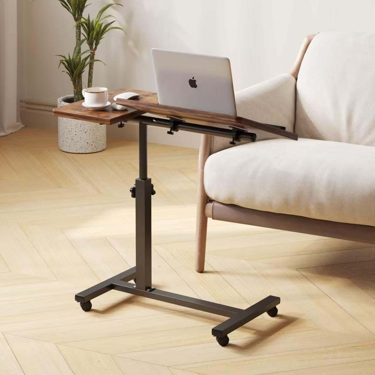Mu Guang Overbed Tables, Hospital Table, Adjustable Height ＆ Protable Standing Rolling Desk, C-Shaped Bed Table for Livingroom and Bedroom, Brown