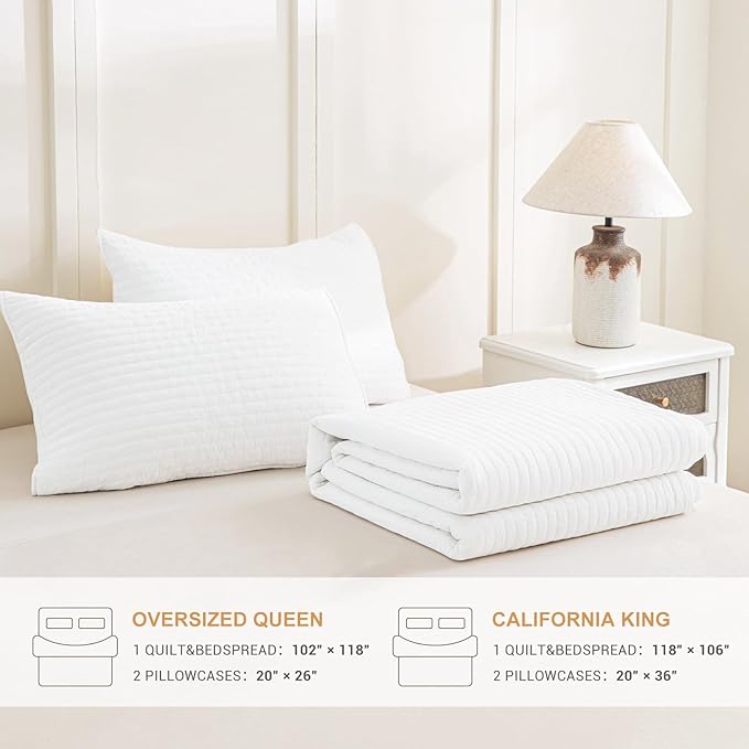 Sanracie Stonewashed Oversized Queen Quilt(102"x118"), Cotton Milk White Quilt Coverlet Sets 3Pcs Ultra Soft Crinkle Cross Stitch Bedspread Sets for All Season