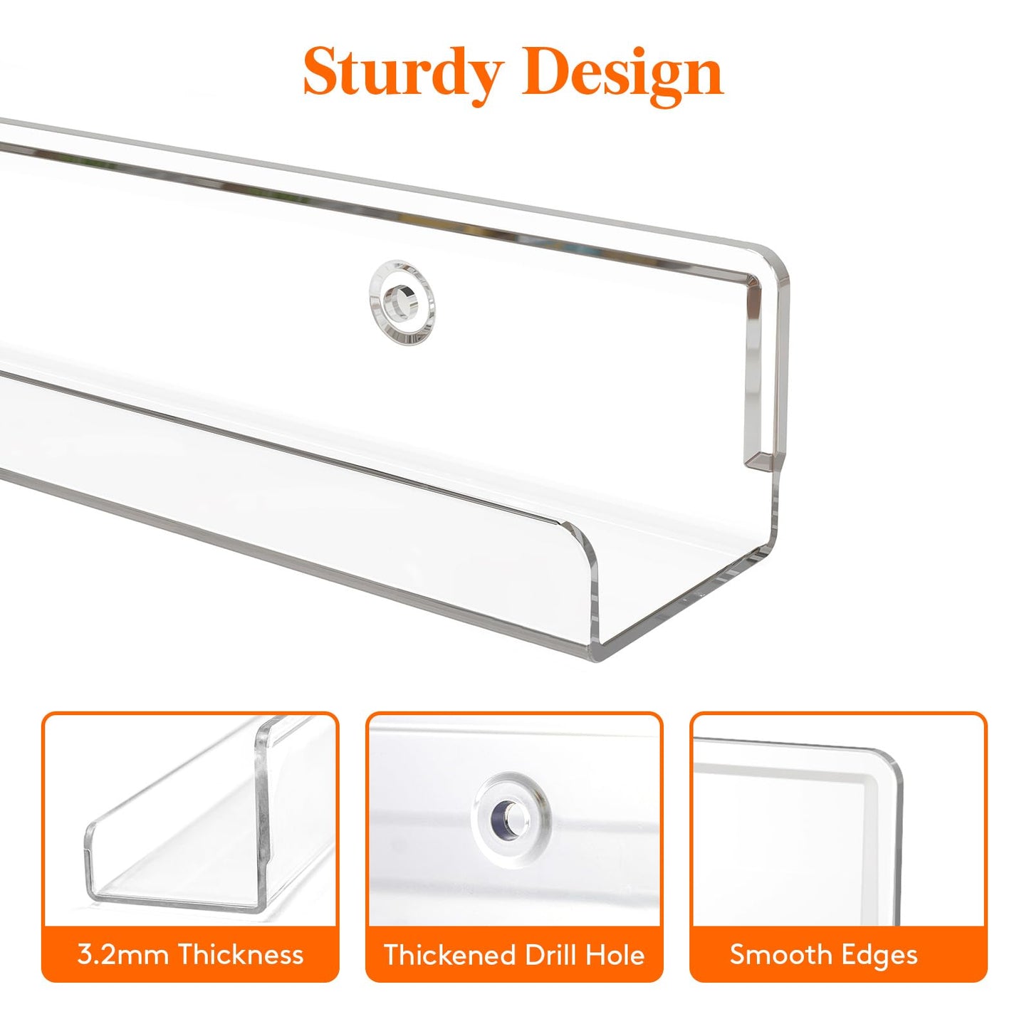 Lifewit Narrow Floating Shelves for Vinyl Record 6 Pack, 12" Clear Wall Shelves for Nail Polish/Book/Picture/Makeup, Acrylic Wall Display Shelf Organizer for Bedroom, Living Room, Bathroom Decor