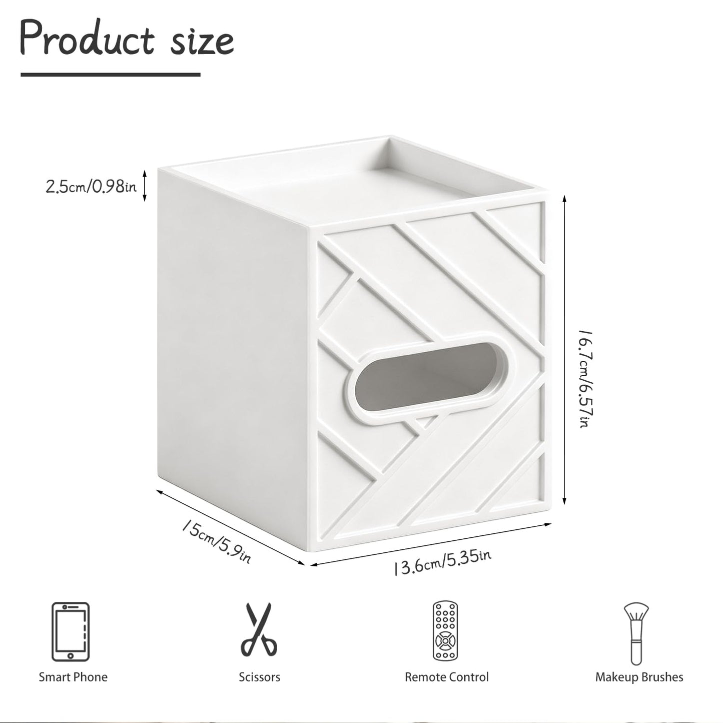 Militwo Aesthetic Tissue Box Cover with Top Tray, Modern Cube Wooden Facial Tissue Holder, Etched Geometric Design Napkin Dispenser for Bathroom, Nightstand, Vanity, Home Theatre