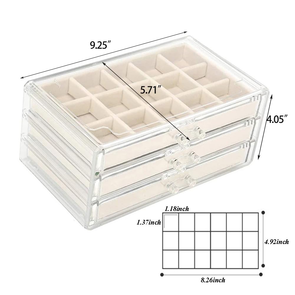 YUFONG Earring Organizer Box Acrylic Jewelry Organizer with 3 Drawers 54 Adjustable Grids Clear Stackable Earring Holder Velvet Trays Ring Display Case for Women Girls (Beige)