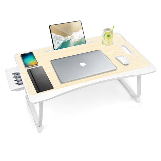 Amaredom Laptop Bed Desk Tray Bed Table, Foldable Portable Lap Desk Notebook Stand Reading Holder with Storage Drawer and Cup Holder for Eating Breakfast on Bed/Couch/Sofa-White Maple