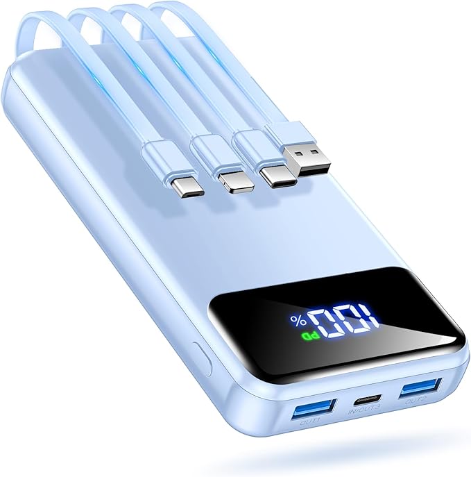 Portable Charger Power Bank 50000mAh Battery Pack, 22.5W Fast Charging PowerBank with Built in Cables,Travel Essential USB-C Portable Phone Charger for iPhone Samsung Pixel Android iPad-Blue