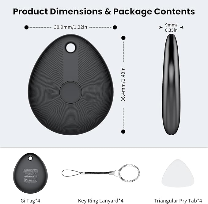 FIQI Air Tracker Tags 4-Pack (Black) – Compatible with Apple Find My (iOS Only), Bluetooth 5.4 Item Locator with Smart Tag for Wallet, Keys, Luggage & Bags, 90 dB+ Alert, 7g Lightweight, Matte Finish