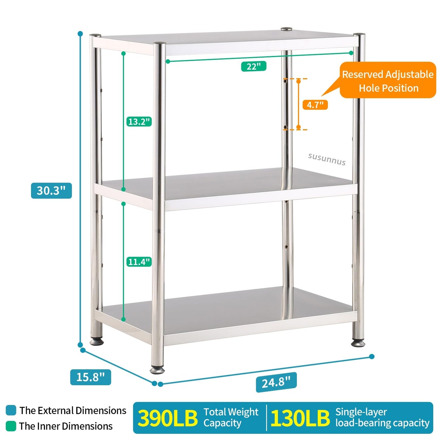 susunnus 3-Tier Stainless Steel Shelf, Heavy Duty Shelving for Kitchen, Garage, Industrial Storage, Kitchen Shelves Adjustable Feet, Easy to Clean(3T-24.8in*15.8in(Without guardrails))