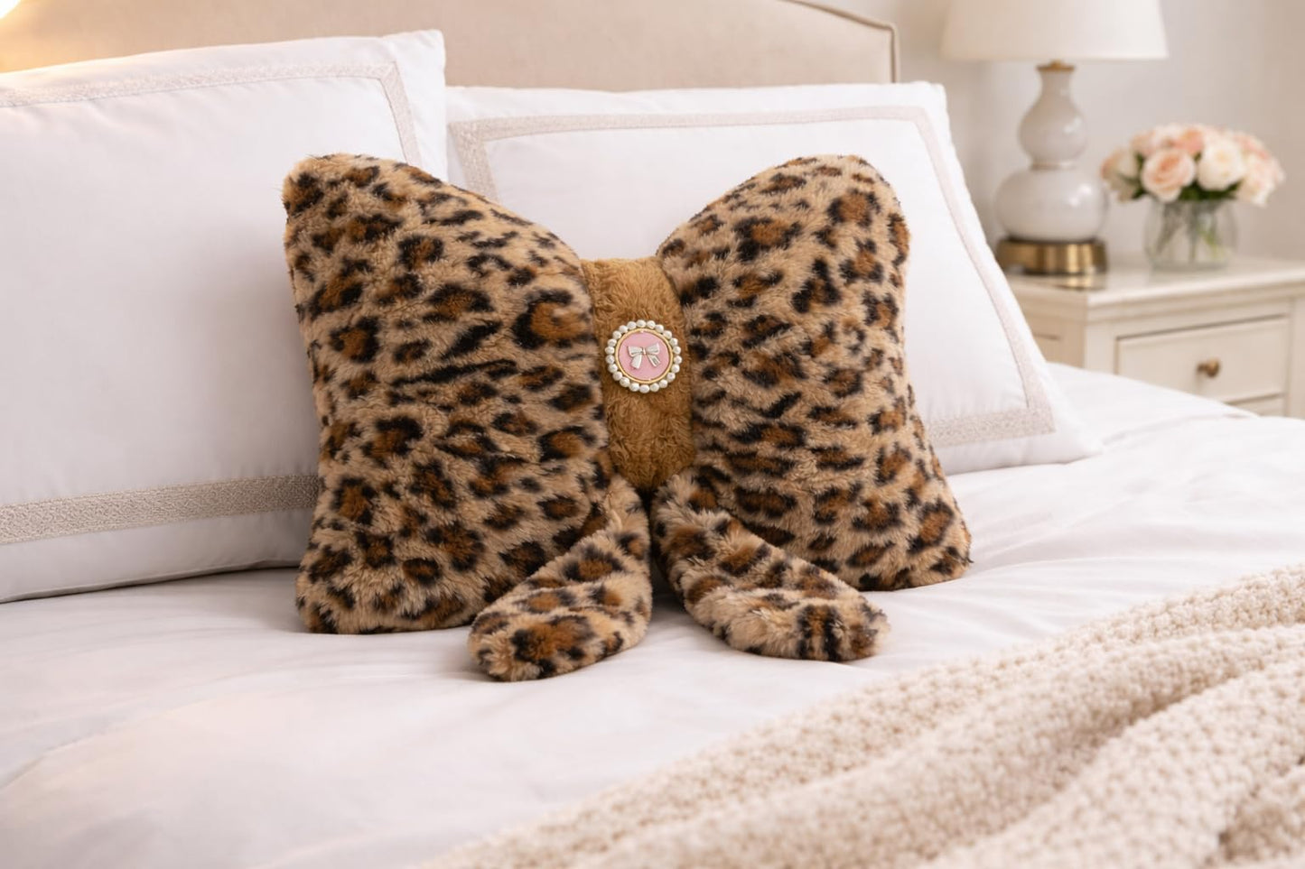 Teyeuf Leopard Print Bow Pillow 12x9 Inch, Cute Plush Bow Shaped Decorative Pillow with Back Strap, Animal Print Room Decor for Bedroom Chair Couch Car