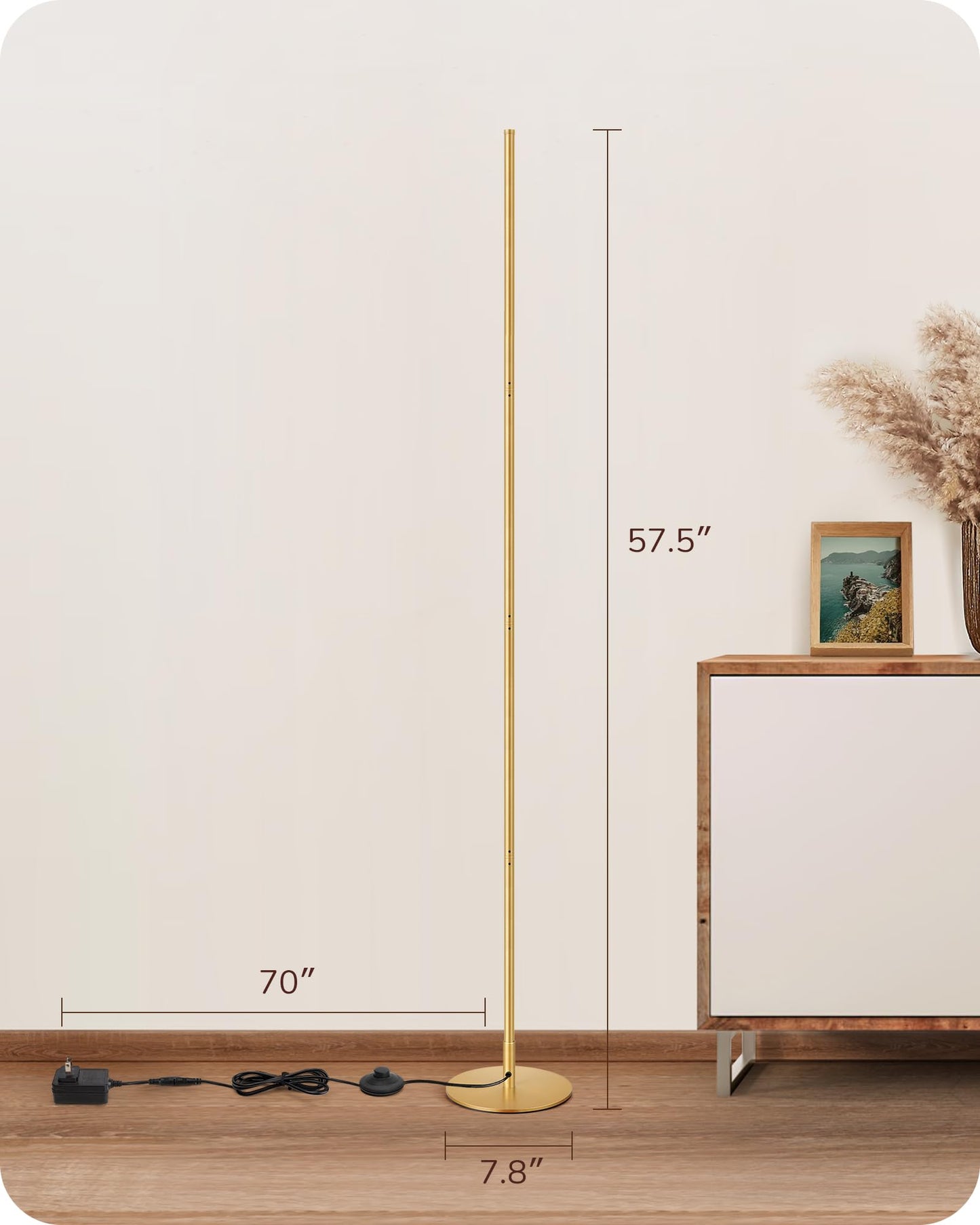 EDISHINE LED Corner Floor Lamp, Modern Slim Dimmable Light, Adjustable Height, 57.5" Minimalist Tall Lamp for Living Room, Bedroom, Office, 3000K Warm White Light (Gold)