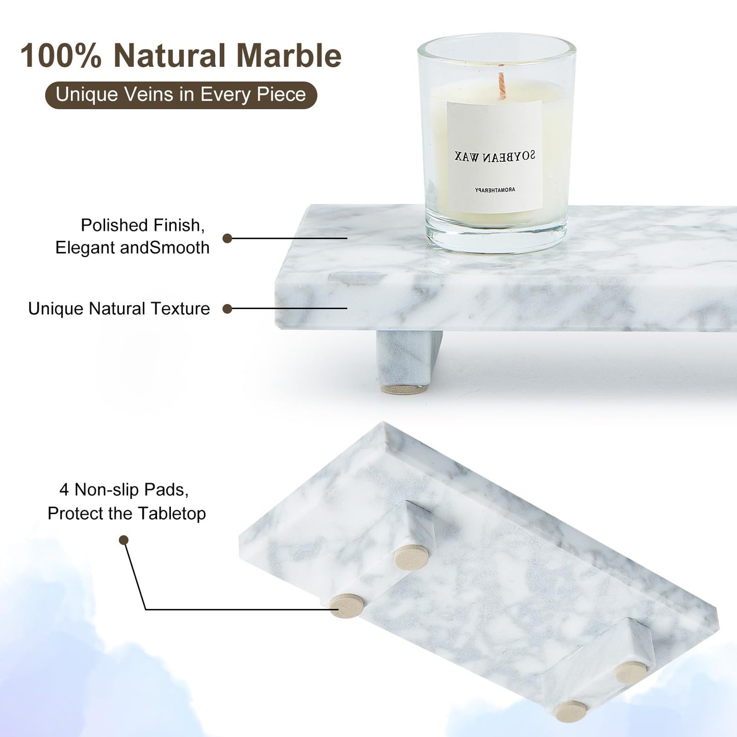 Natural Marble Tray Pedestal Stand – Soap & Jewelry Riser for Bathroom Counter, Kitchen Sink, Vanity Organizer, Decorative Stone Catchall for Perfume, Candles