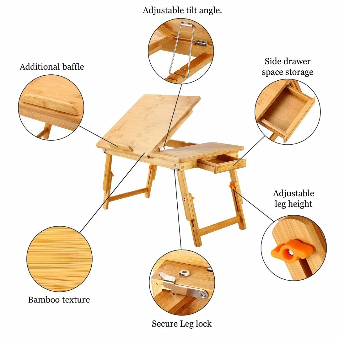 Laptop Desk Nnewvante Bamboo Bed Tray Adjustable Foldable Desk Bed Serving w' Tilting Drawer