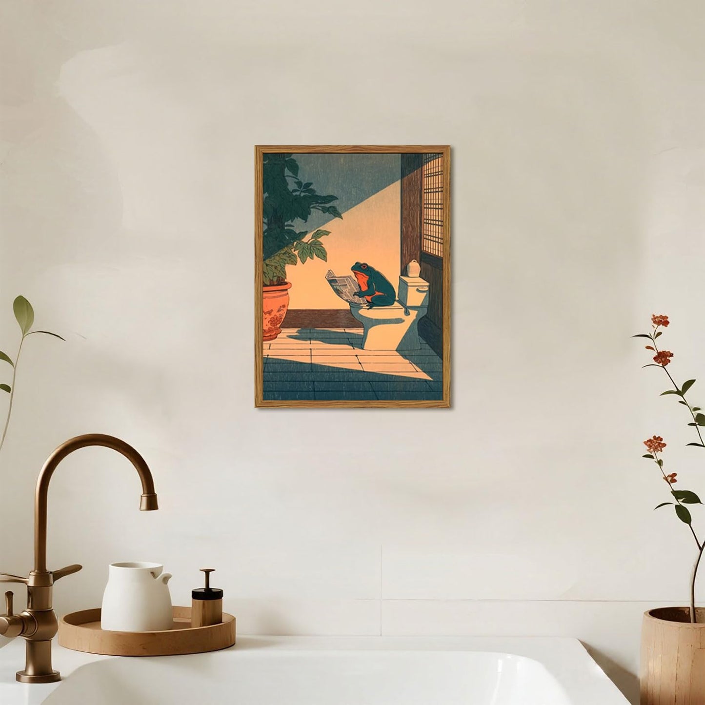 Funny Frog Bathroom Wall Art, Cute Japanese Frog in Toilet Wall Decor, Whimsical Green Animal Restroom Poster Canvas Painting Prints Artwork 12x16 inch Framed