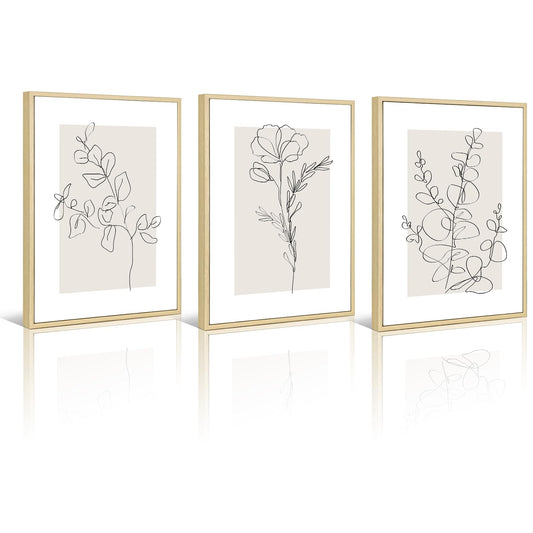 Neutral Botanical Prints Wall Art Flower Minimalist Canvas Wall Decor Vintage Line Wall Art Floral Plant Painting Pictures Beige Boho Artwork Farmhouse Poster for Bedroom 12x16 Inch Framed Set of 3