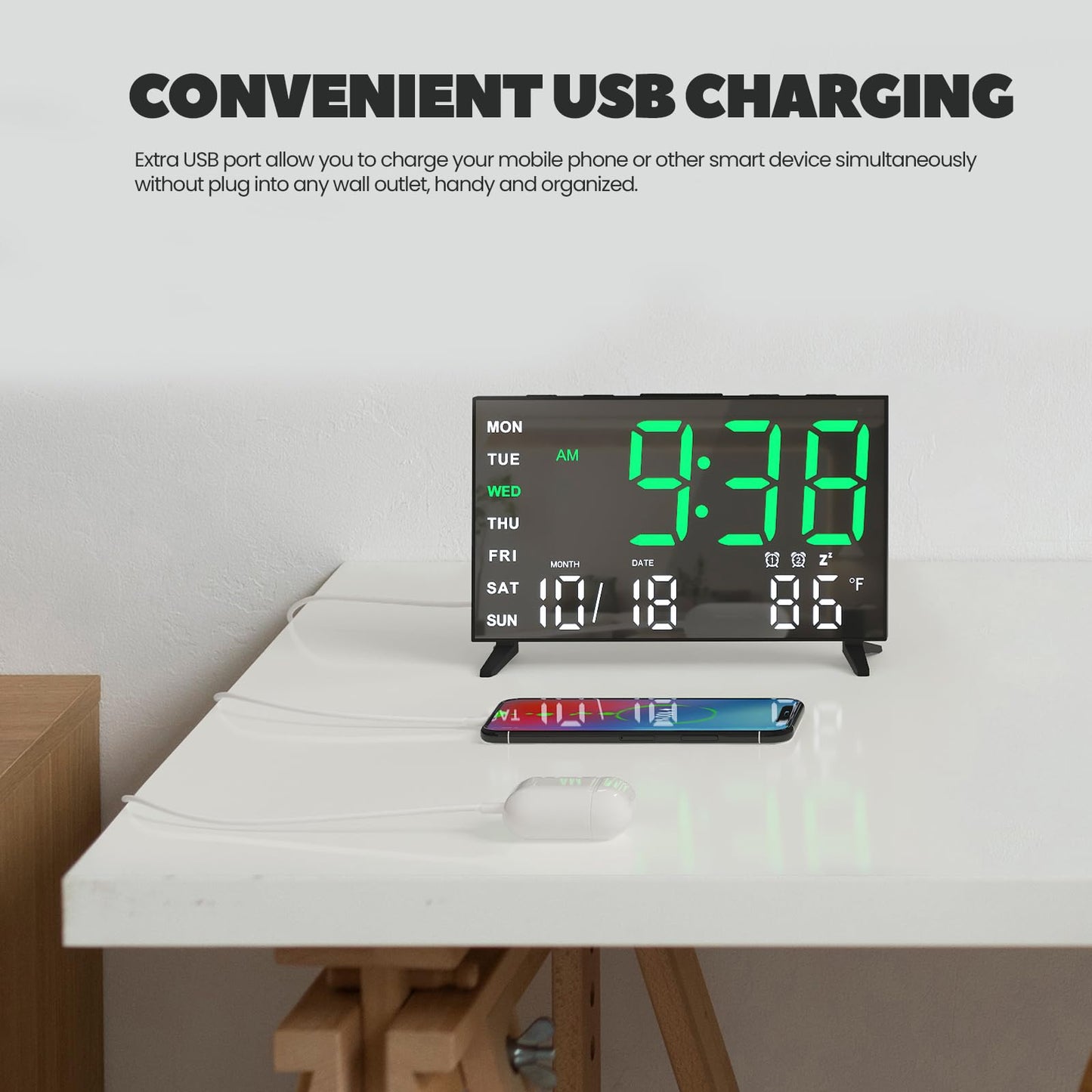 MEISHIDA Alarm Clocks for Bedrooms, Small Digital Clock, LED Mirror Alarm Clock with USB Ports, Desk Clock for Kids, Dual Alarms, Snooze, 4 Levels Brightness, 12/24H (Grey)