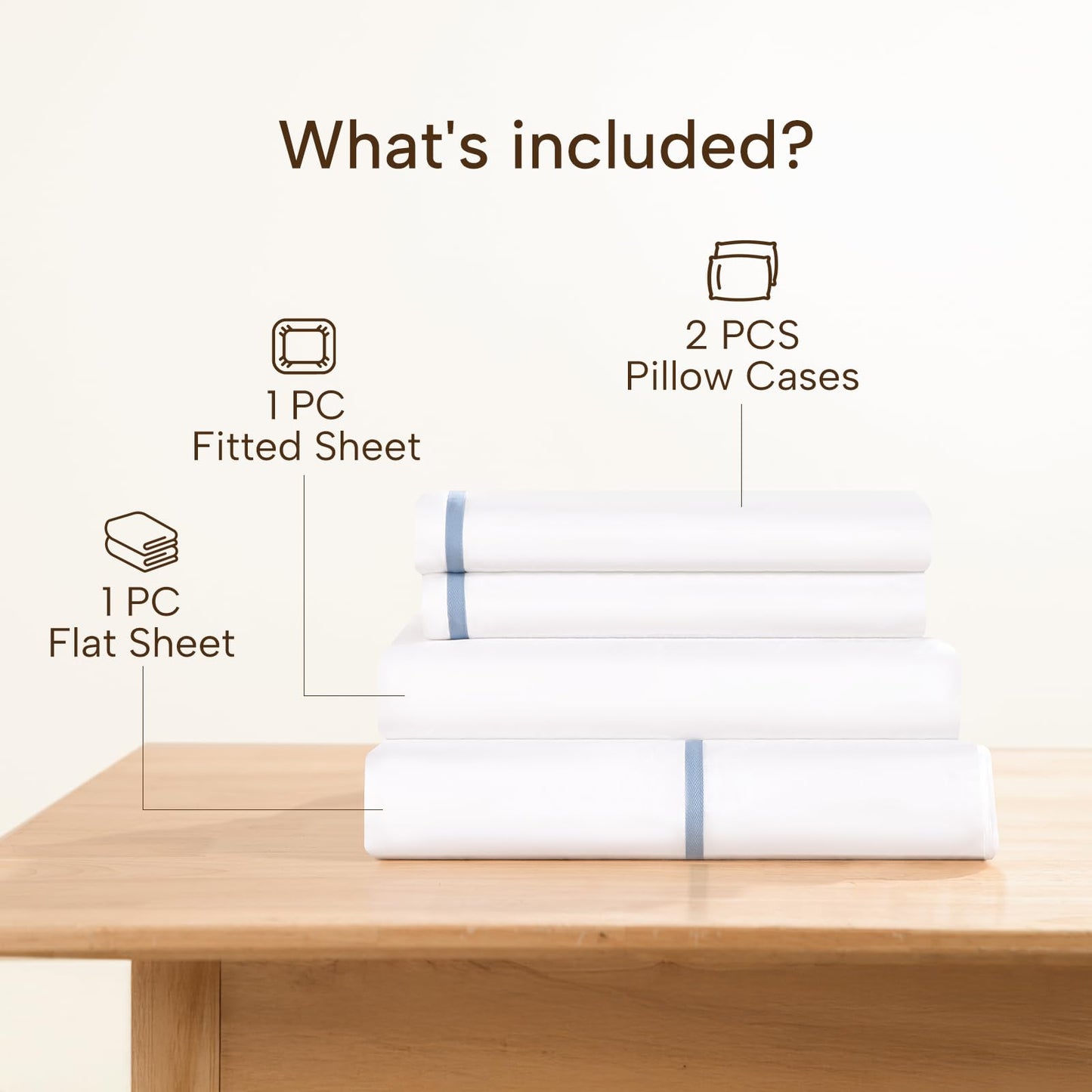 JSELF 100% Viscose Derived from Bamboo Sheet Set - Hotel Luxury Cooling Bed Sheets for Hot Sleepers & Night Sweats, 18" Deep Pocket, Soft & Breathable, Oeko-TEX (White with Blue Tape, Queen)