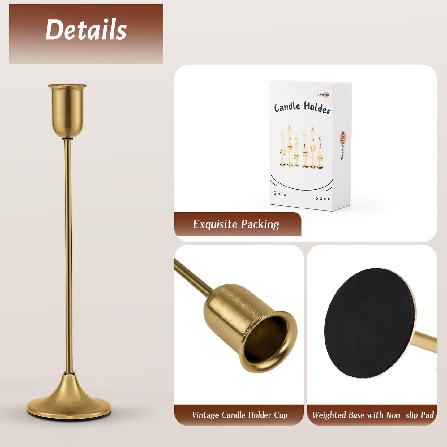 Brass Gold Candlestick Holders Set of 6, Metal Taper Candle Stick Holder