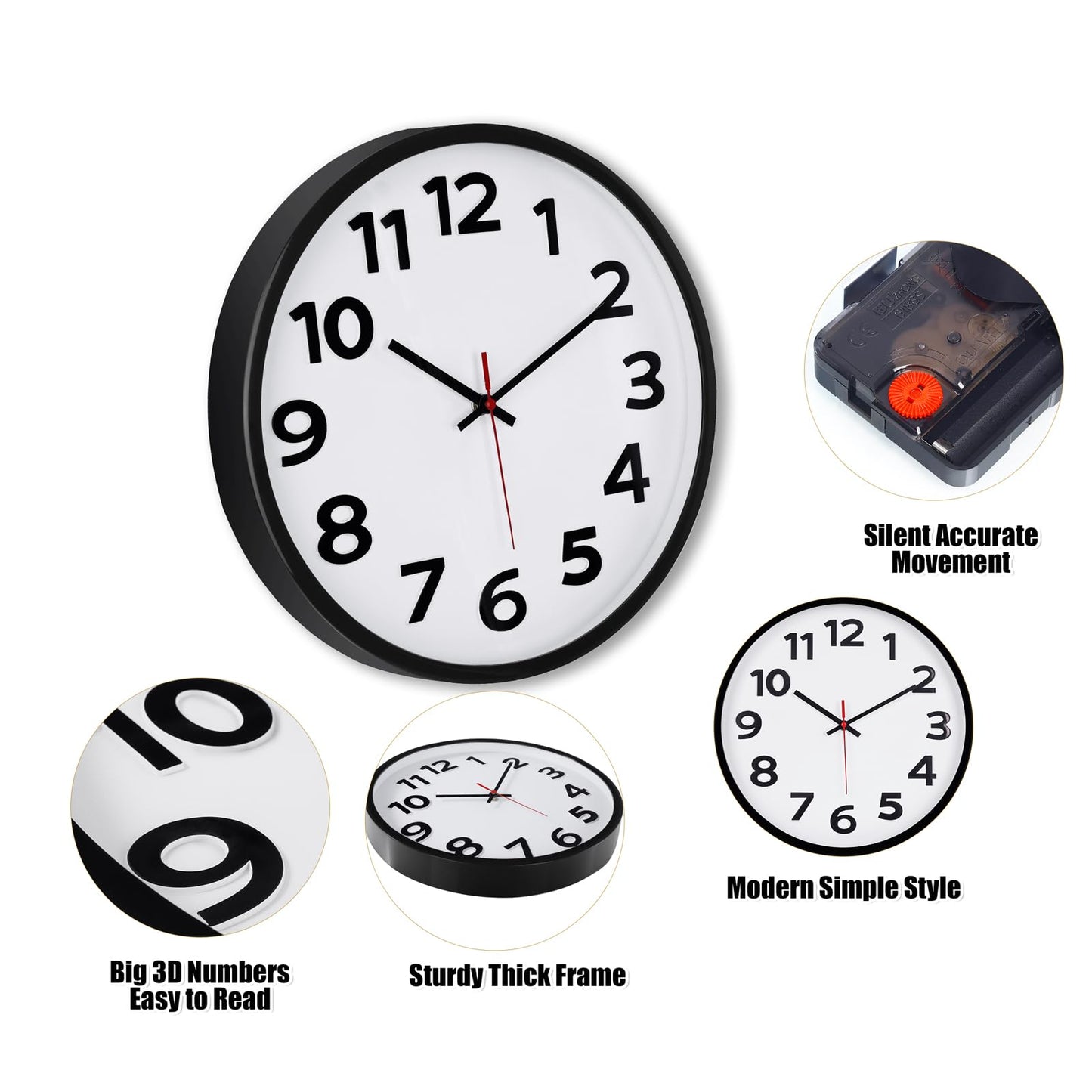 Keepcross 14 Inch Wall Clock Battery Operated Silent Non-Ticking, 3D Big Numbers Easy to Read, Analog Quartz Round Clock