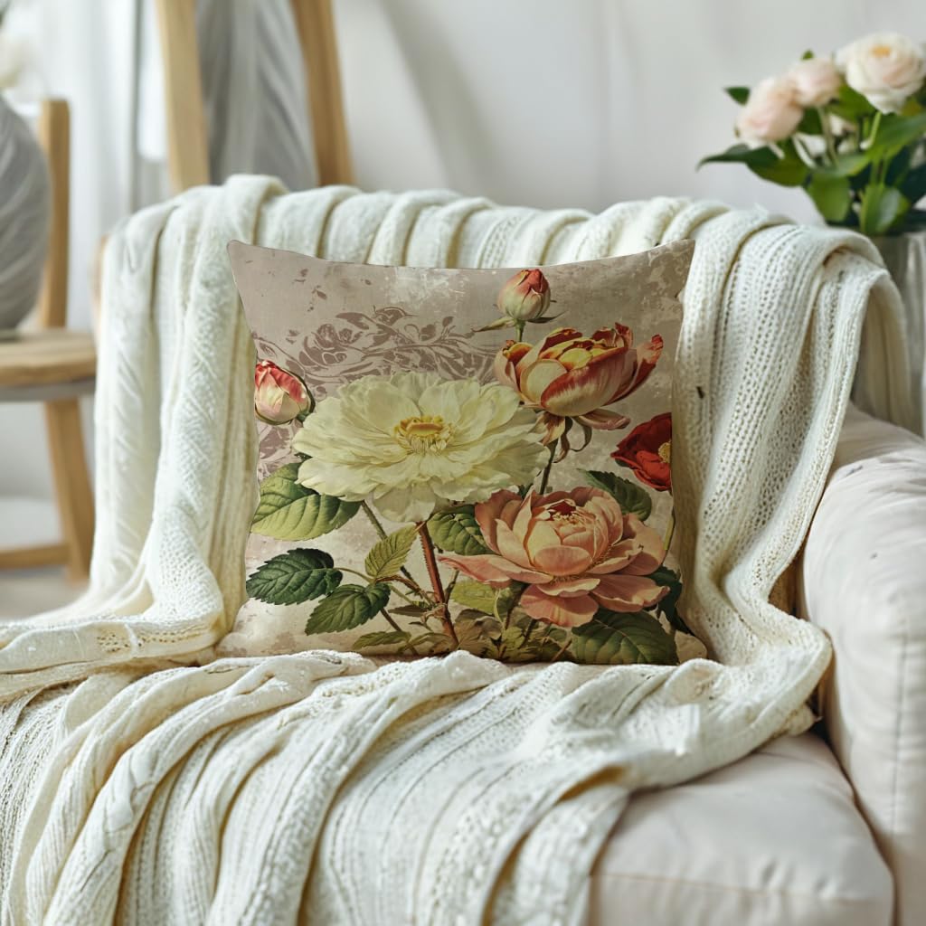 JAERUE Vintage Rose Flower Throw Pillow Covers Set of 2 Shabby Chic Red Floral Cushion Cases Spring Farmhouse Retro Botanical Pillow Covers 18"x18", for Couch, Bedroom & Living Room(Red/Brown)