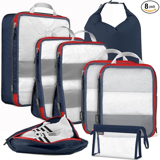 Cipway Compression Packing Cubes Mesh, Lightweight Luggage Organizer Bags with Laundry Bag,Toiletries Bag and Shoe Bag, Travel Essentials for Carry on Suitcase（8Pcs,Blue）