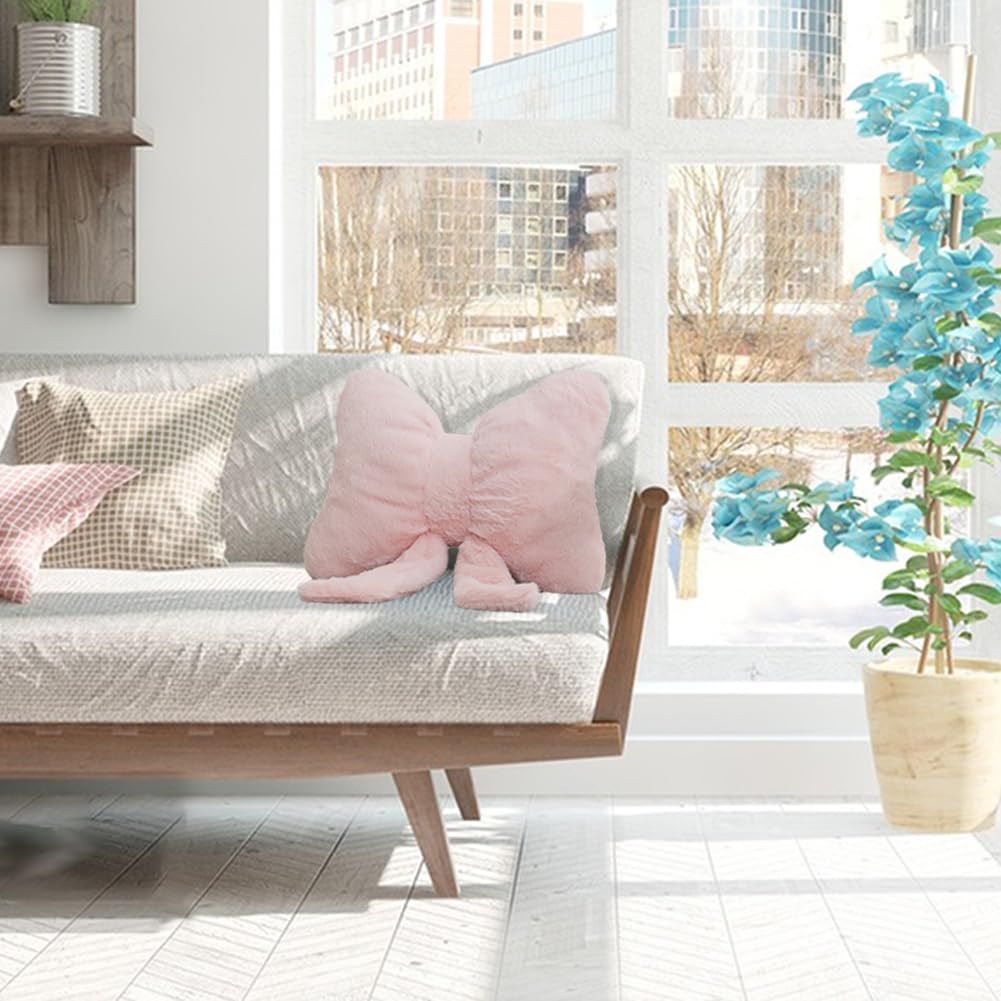 GKWW 2Pack Soft Furry Bow Throw Pillows Cute Bowknot Plush Pillow Home Decor Stuffed Bow Lumbar Pillow for Bed Couch Living Room Decor (Pink)