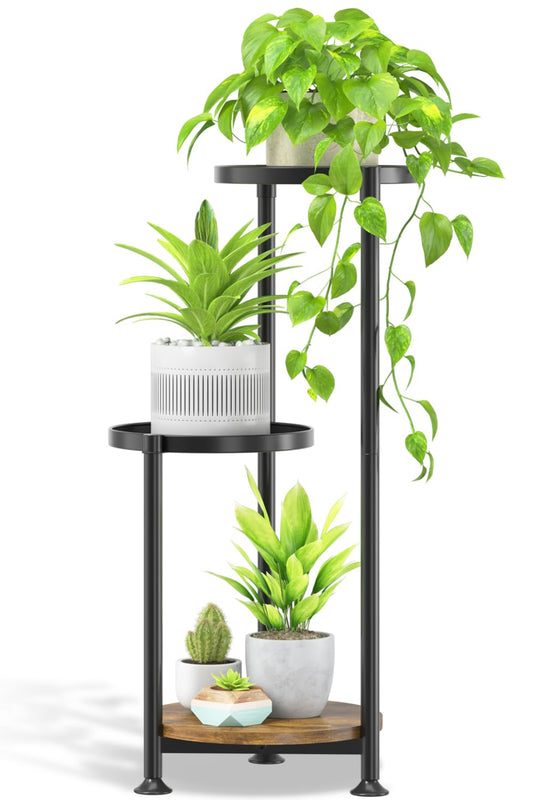 Oppro 3 Tier Plant Stand Indoor Outdoor, 10in Wide Metal Tiered Tall Flower Pot Holder Multiple Shelf, Large Heavy Duty Round Rack for Patio Garden Living Room Balcony Corner Bathroom Orchid,Modern Black