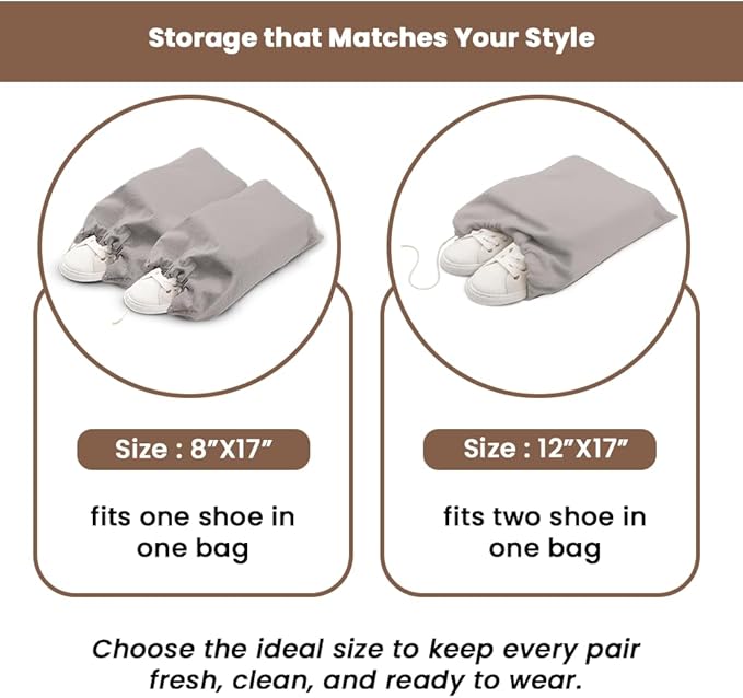 LFH Cotton Rich Shoe Storage Bags with Drawstring, Dustproof Breathable Reusable Organizer, Perfect For Travel, Dorm, Hotel, College, Gym, Easy to Carry, Machine Washable 8"x17" (Pack of 4) - Grey