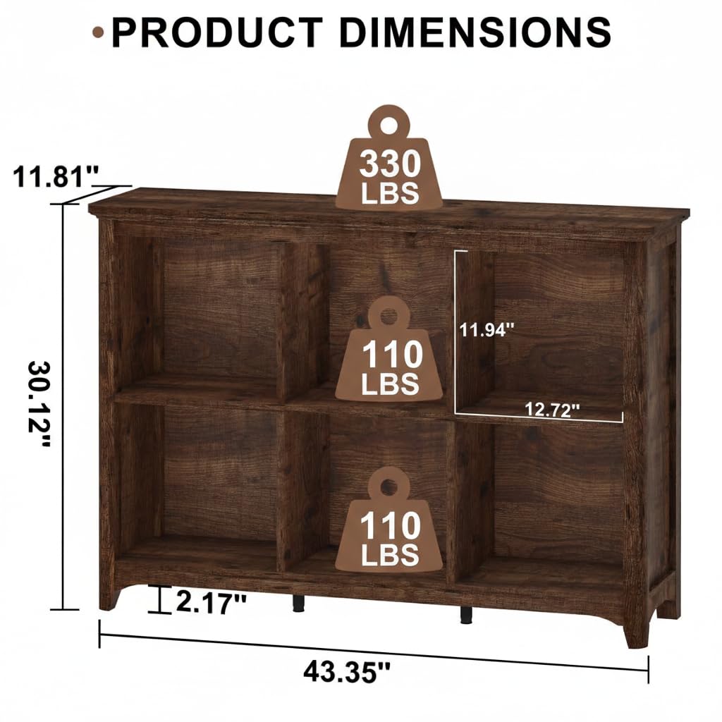 BON AUGURE 6 Cube Storage Bookcase, Horizontal Wooden Bookshelf with Curved Edge, 3 Tier Cubby Organizer Book Shelf for Living Room, Bedroom, Home Office (Rustic Oak, 43 Inch)